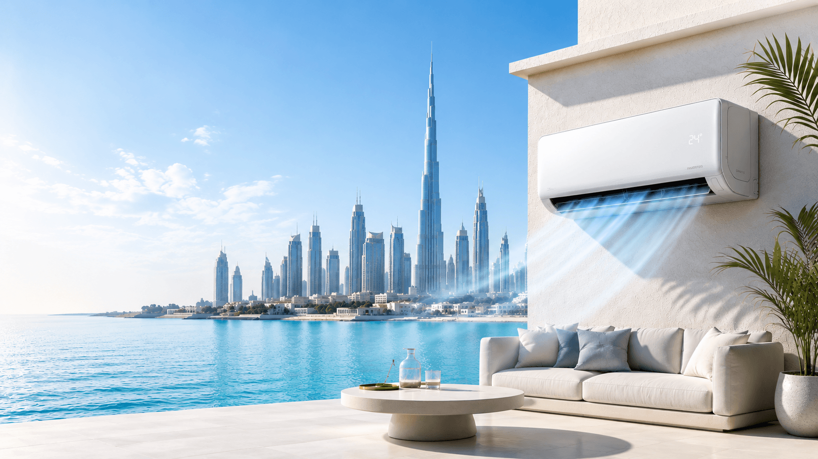 Bright living room with wall mounted AC cooling a UAE skyline view