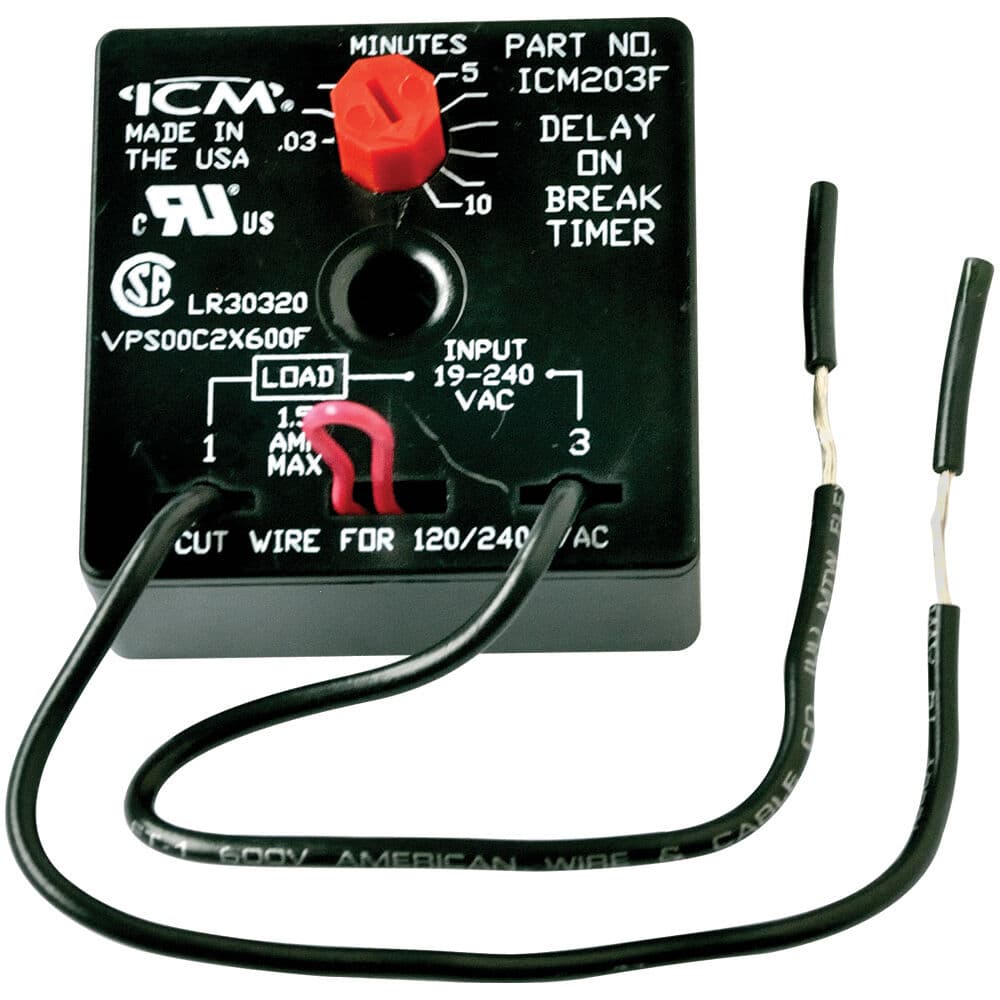 ICM Controls ICM203F Delay on Break Timer with .03-10 Minute Adjustable Time Delay, Universal 18-240 VAC, 6″ Wire Leads